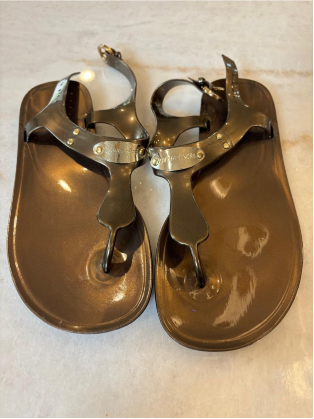 Bronze Metallic Jelly T-Strap Thong Sandals Adjustable Buckle Size 7 #S126